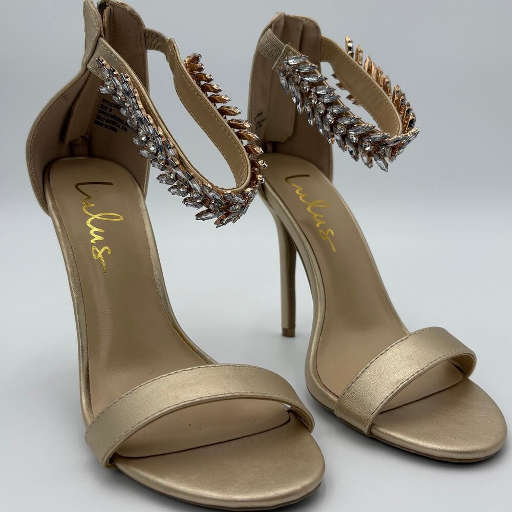 Lulus Wilanie Womens 6 Gold Rhinestone Crystal Ankle Strap Stiletto Heels
